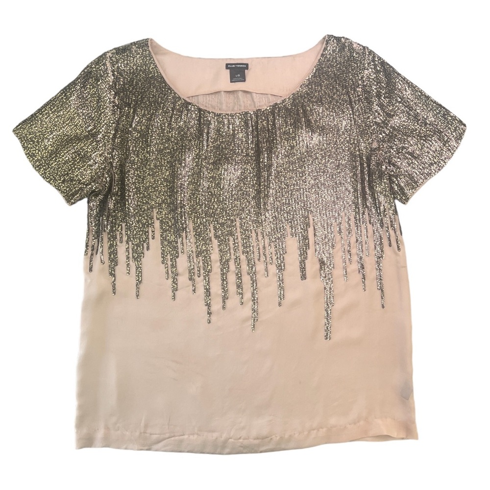 Club Monaco Silk Blouse Women Size Large Gold Sequin Top Metallic Shirt